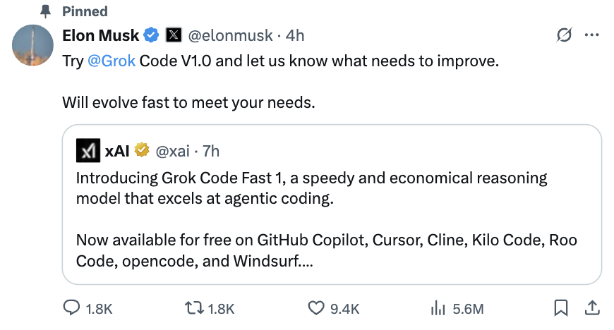 马斯克编程模型Grok Code Fast 1限时免费！速度惊人，挑战GPT-5地位！_grok-code-fast1编程性能测试-CSDN博客