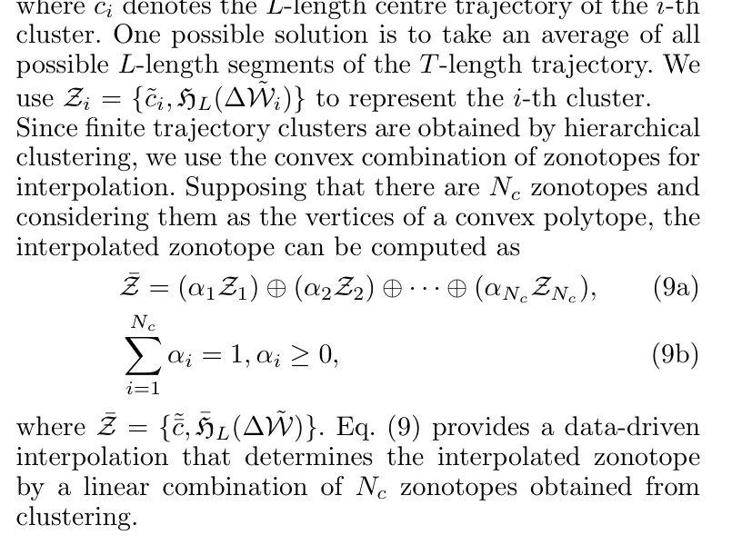 式 (9)：多个 zonotope 的凸组合插值
