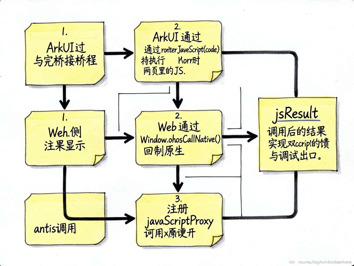 手绘流程图,展示文章里的完整桥接流程:1. ArkUI 通过 controller.runJavaS