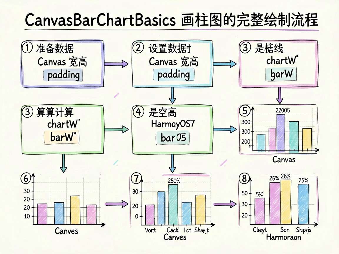 为技术教程文章绘制一张 sketch-notes 风格的流程图,主题是“CanvasBarChart