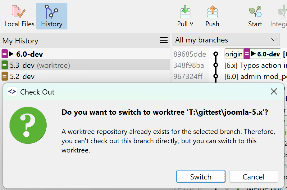 SmartGit 25.1 intelligent worktree switching automatically opening existing worktree for checked-out branch