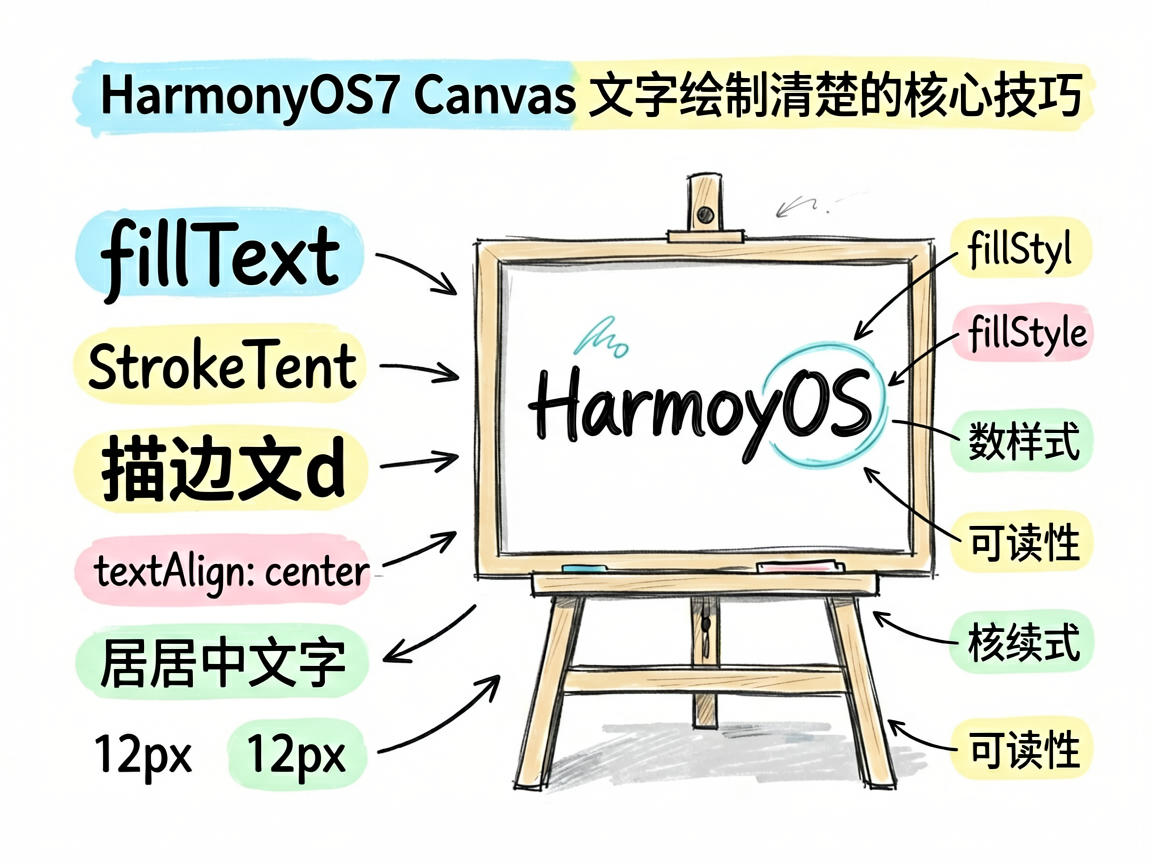 一张手绘笔记风的信息图,主题是 HarmonyOS7 Canvas 文字绘制清楚的核心技巧。画面中心