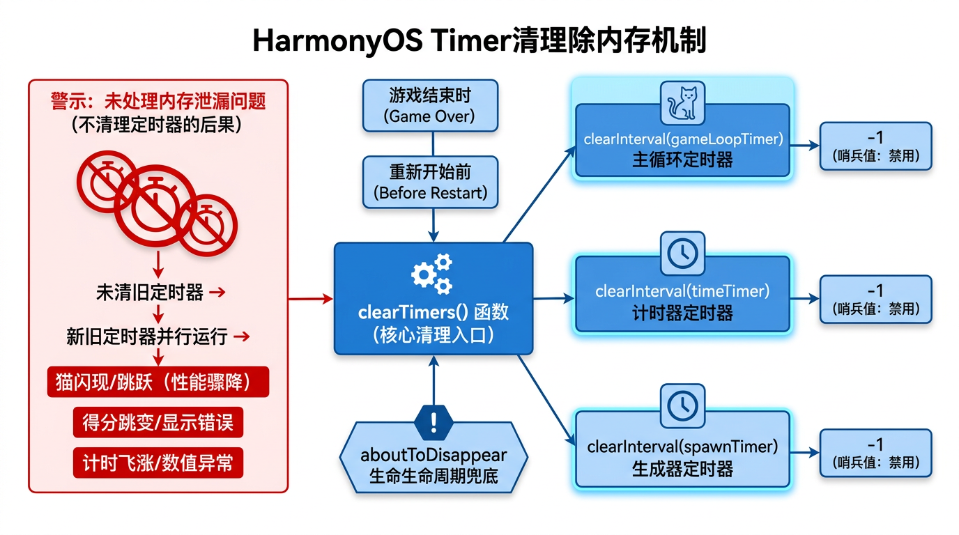 文章配图:clearInterval 清理机制、-1 哨兵值约定、三处清理时机、aboutToDisappear 生