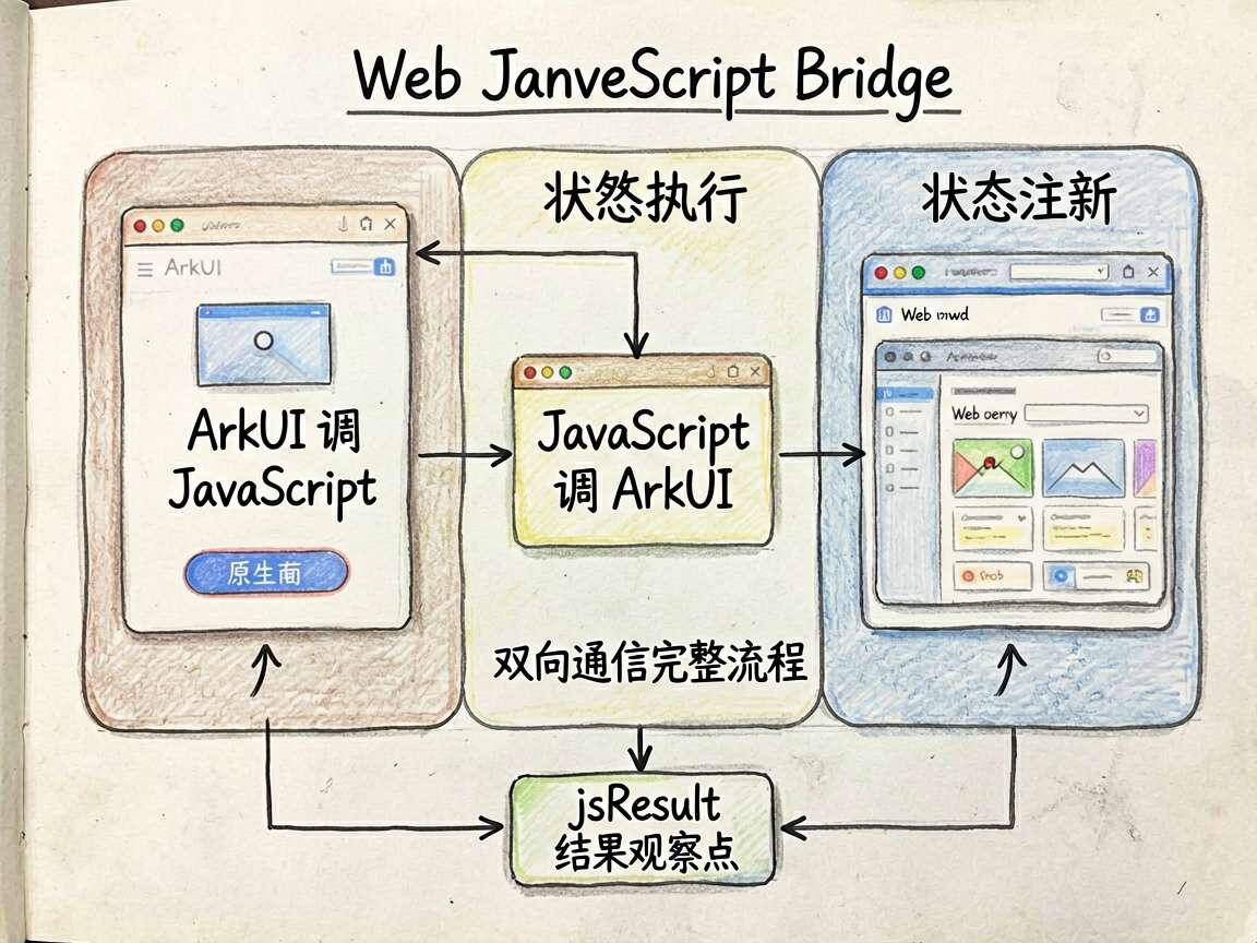 手绘框架图,拆解 Web JavaScript Bridge 的结构重点:上方或左侧是 ArkUI