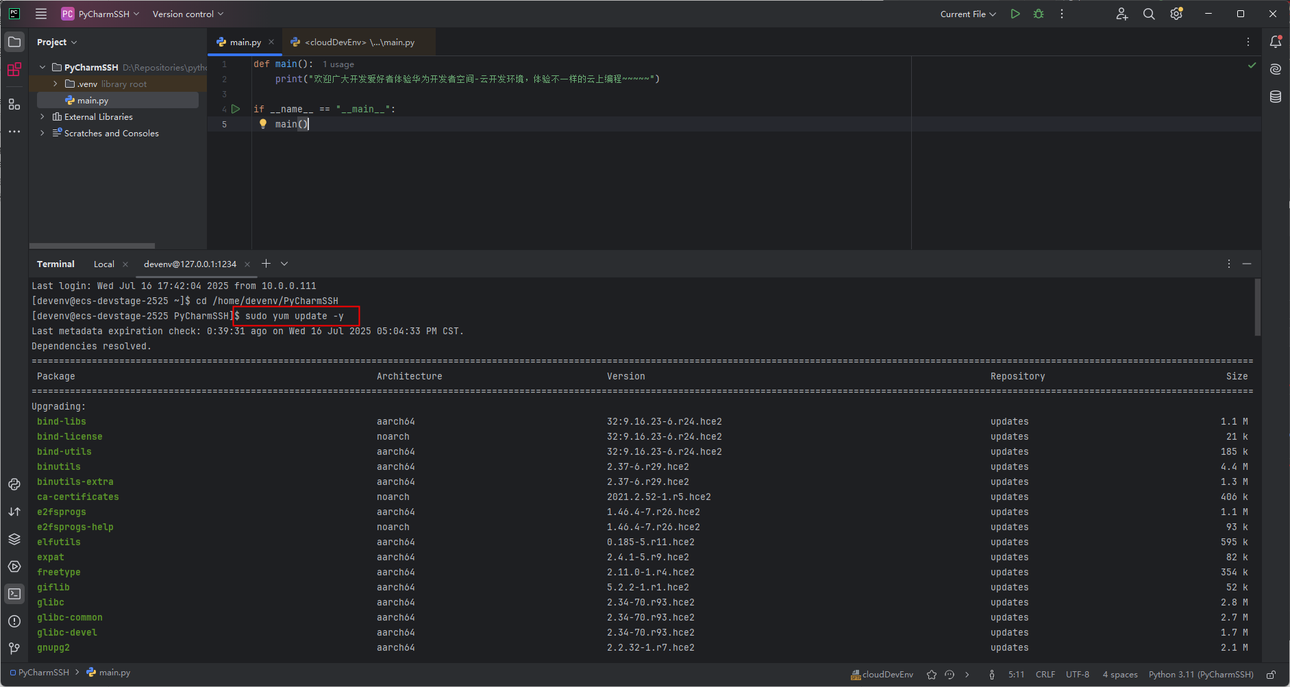 华为开发者空间-云开发环境，实现PyCharm SSH远程开发_华为开发者空间_24