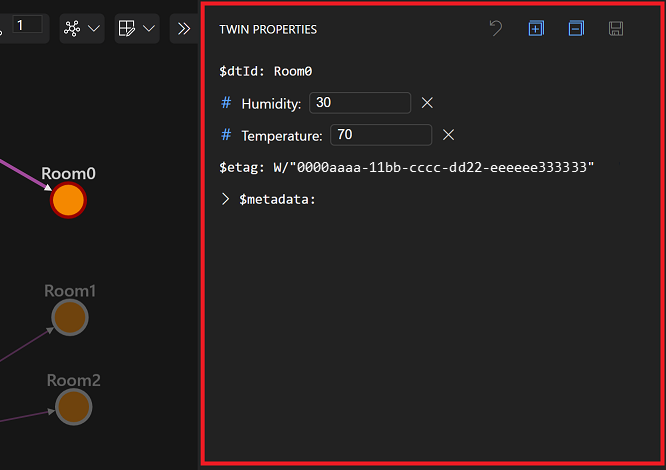 突出显示“孪生体属性”面板的 Azure Digital Twins Explorer 的屏幕截图,其中显示了 Room0 的 $dtId、Temperature 和 Humidity 属性。