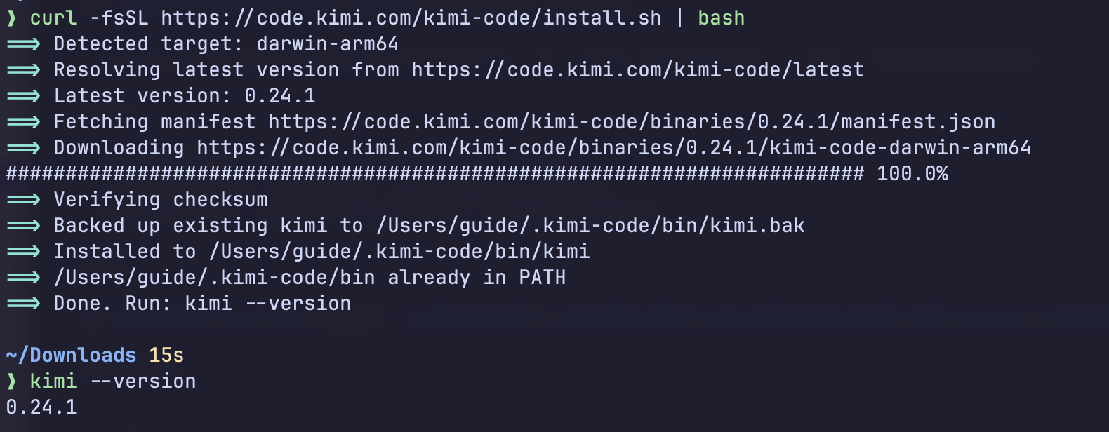 Kimi Code CLI 安装完成并查看版本号