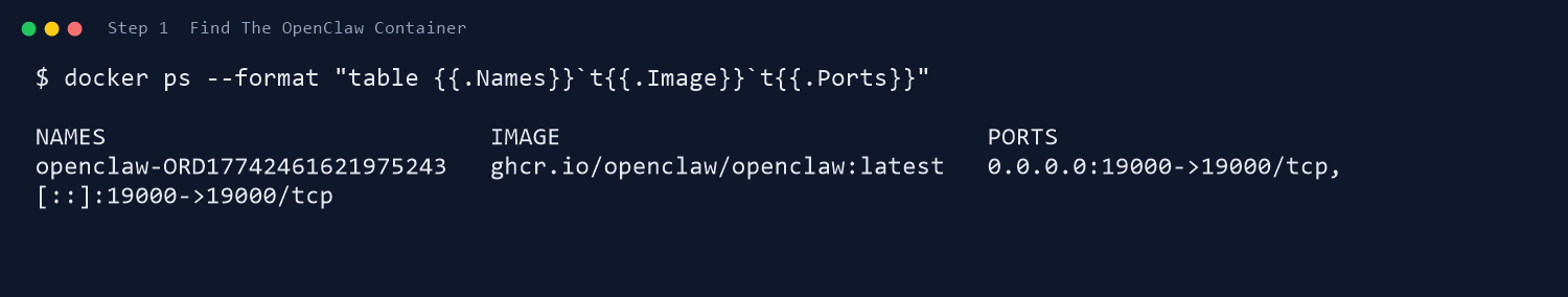先找到正确的 OpenClaw 容器名，后面所有命令都要用到它