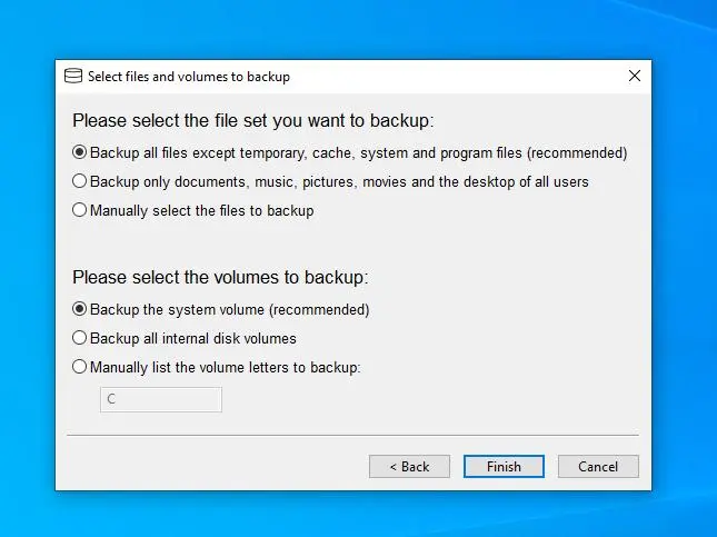 specifying the backup file and directory in client system