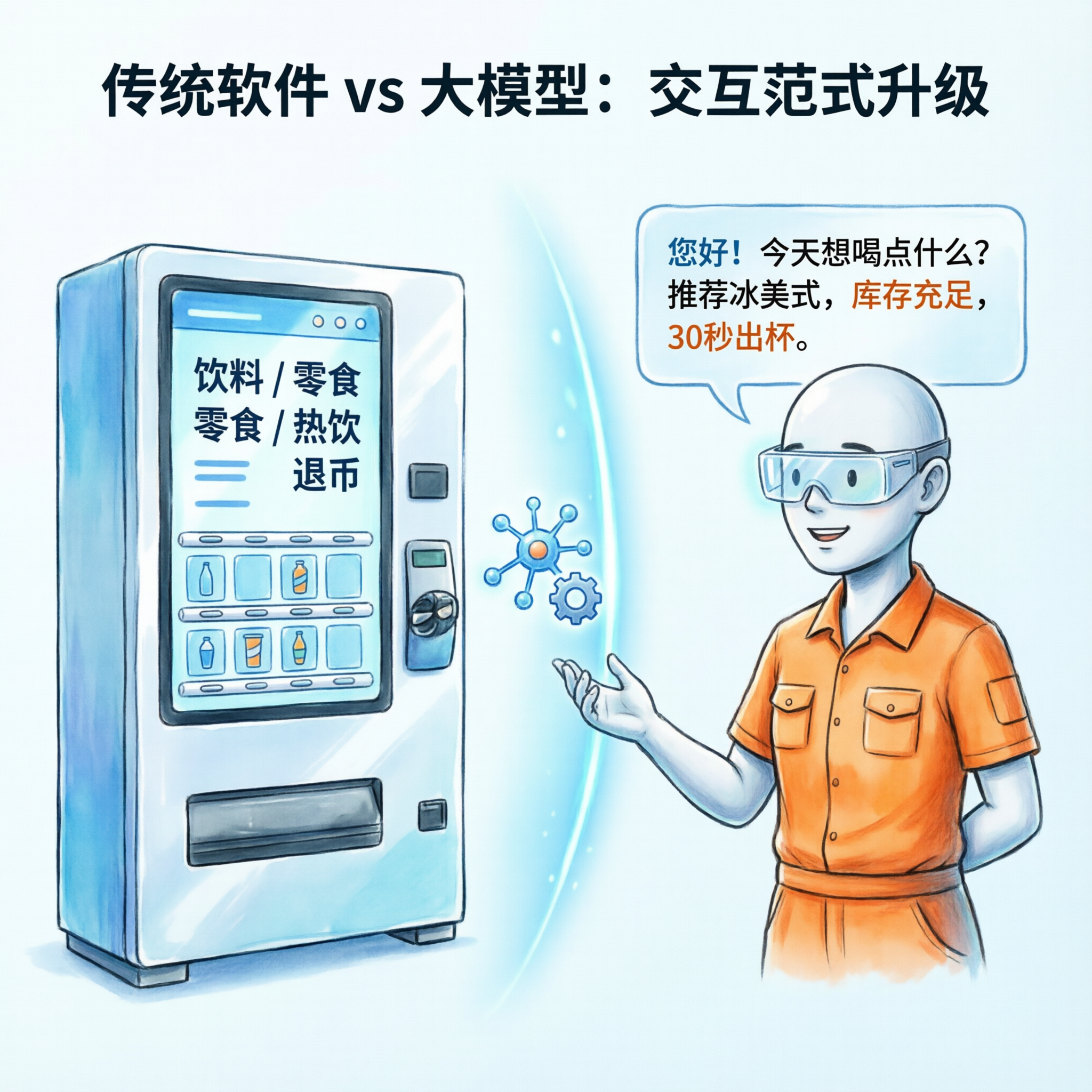 自动贩卖机与聪明店员并列对比的大模型概念类比插画