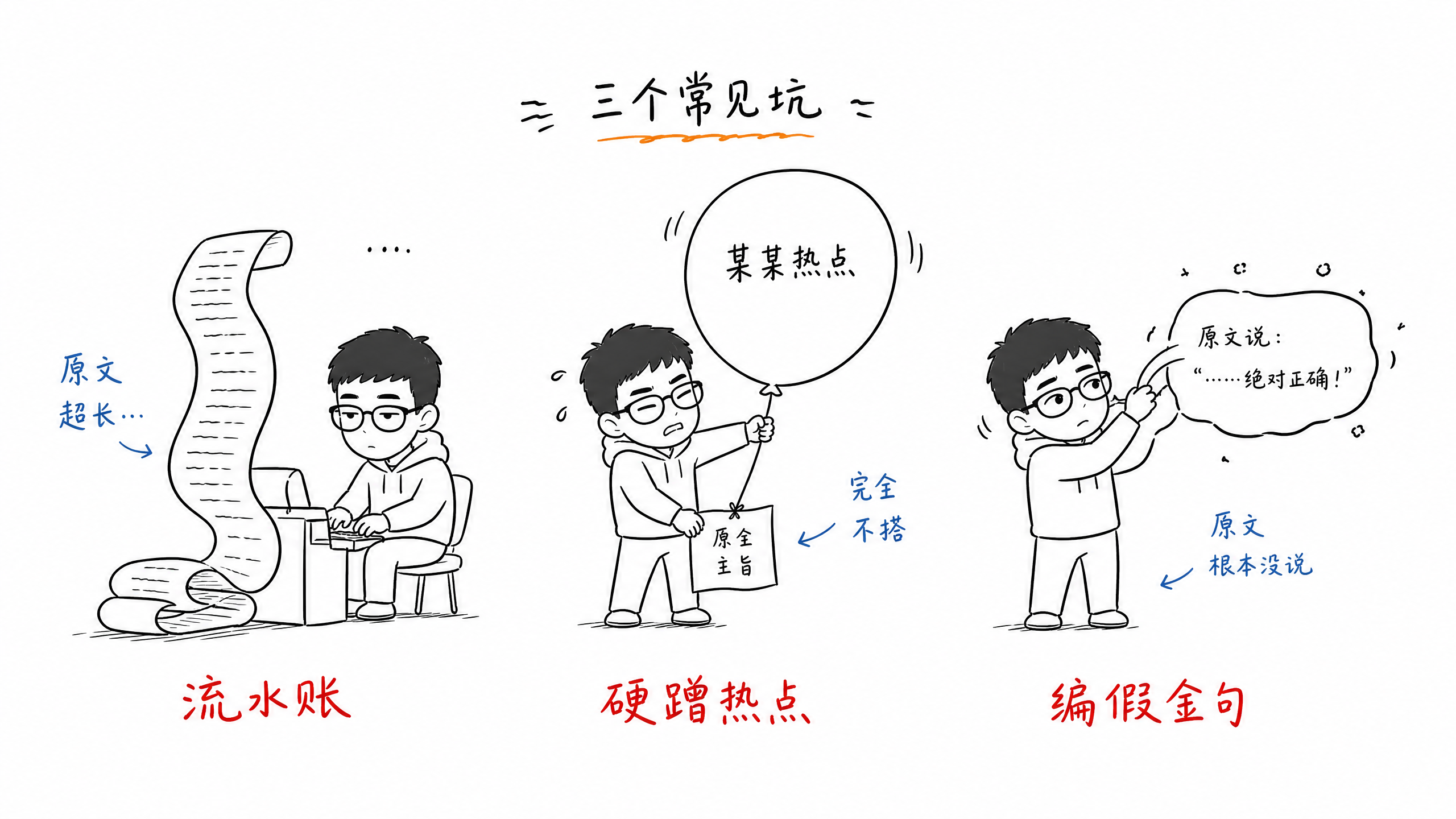 图 02：再分发最容易翻车的三个坑——流水账、硬蹭热点、编假金句。