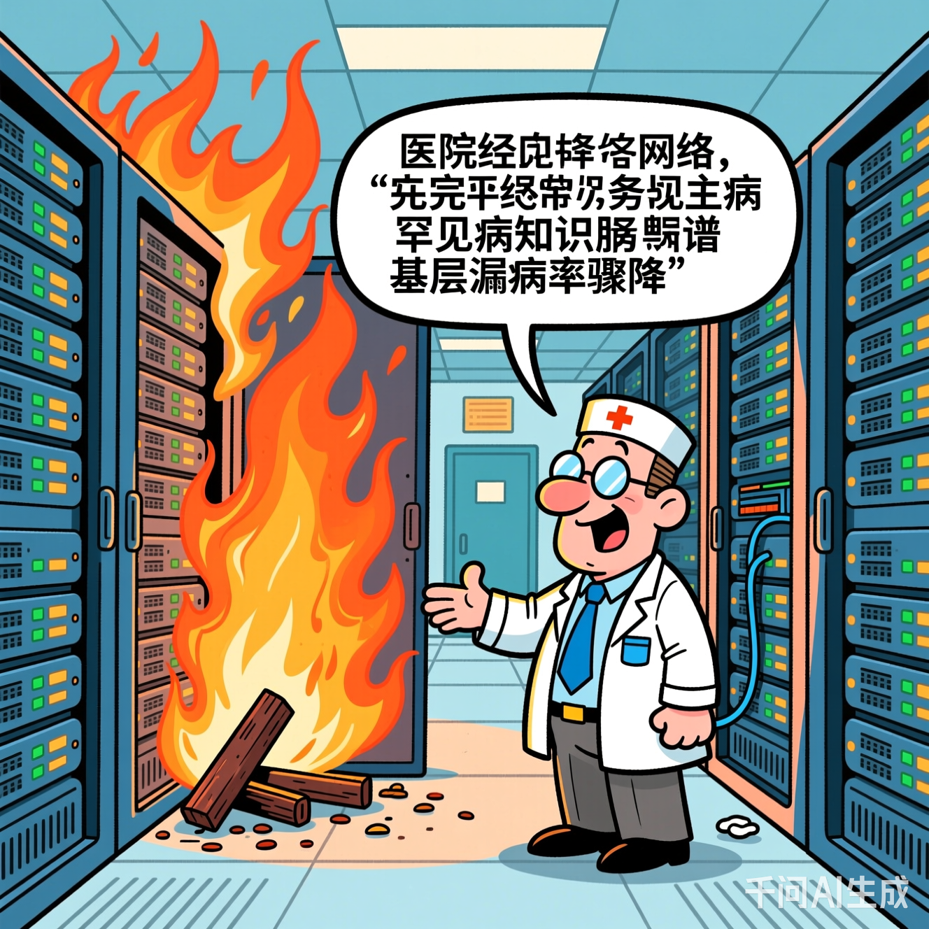 医院服务器机房着火的讽刺漫画