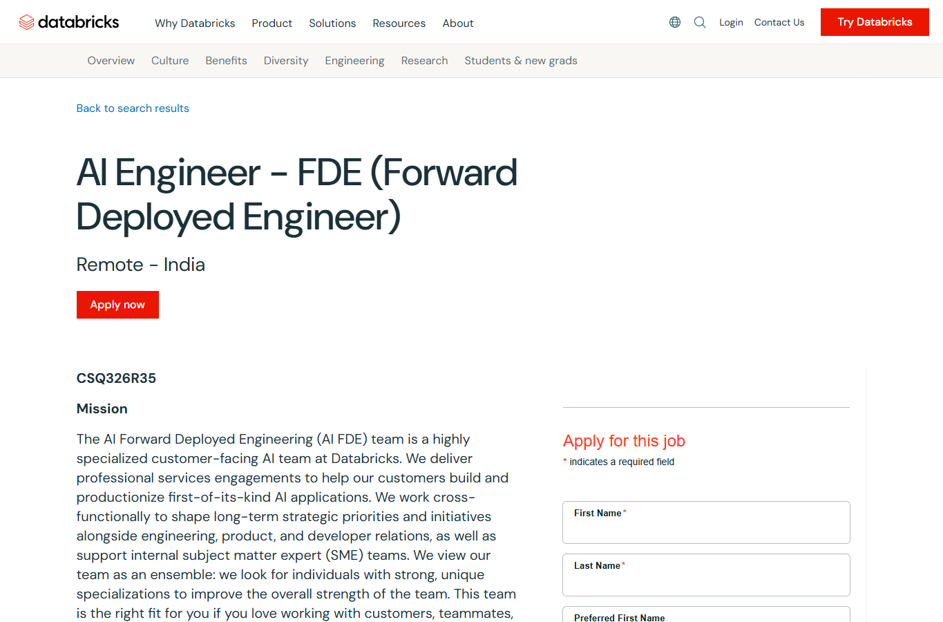 Databricks AI Engineer - FDE 岗位页面截图