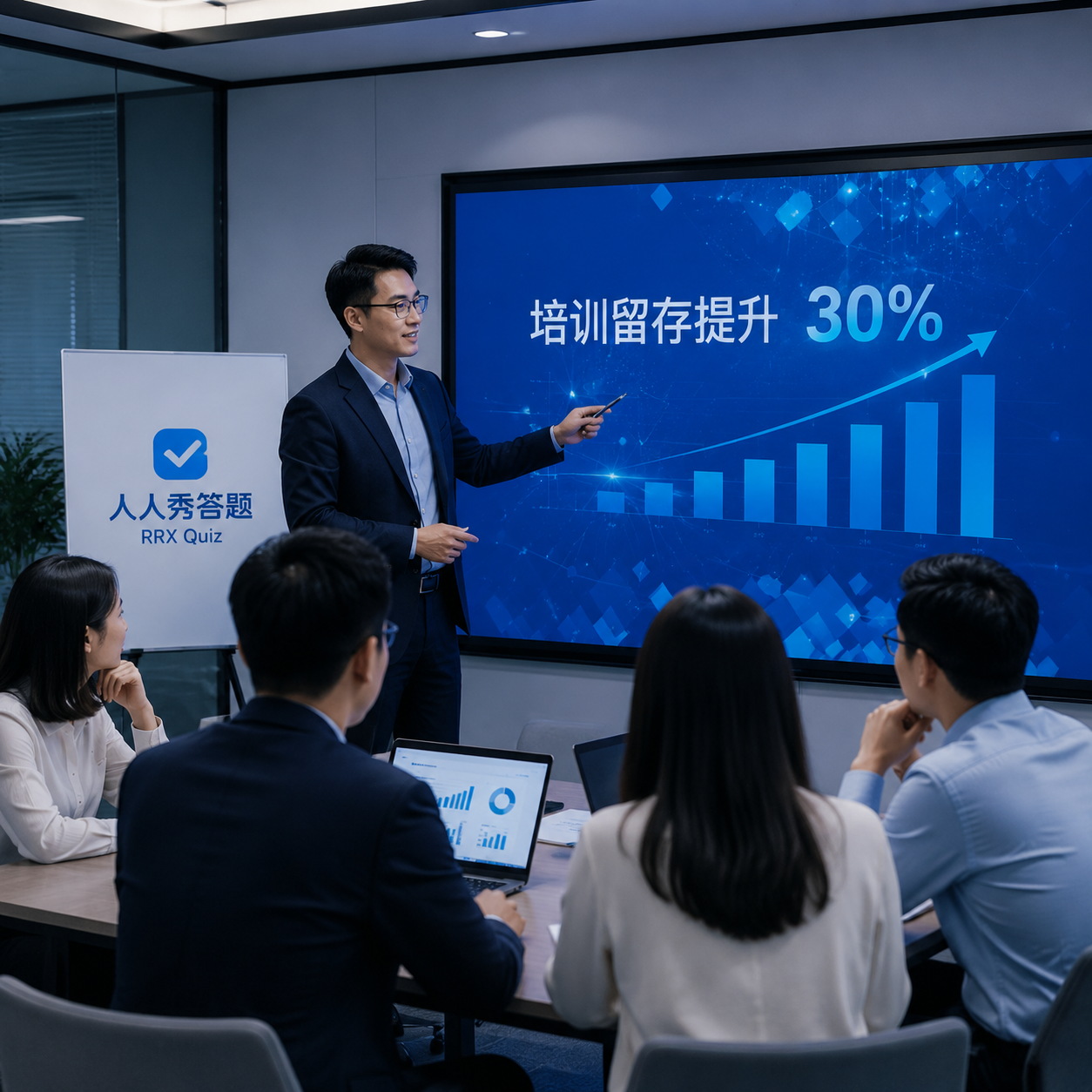 会议室中,一位讲师正在向团队展示报表,报表上写着“培训留存提升30%”,旁边摆放