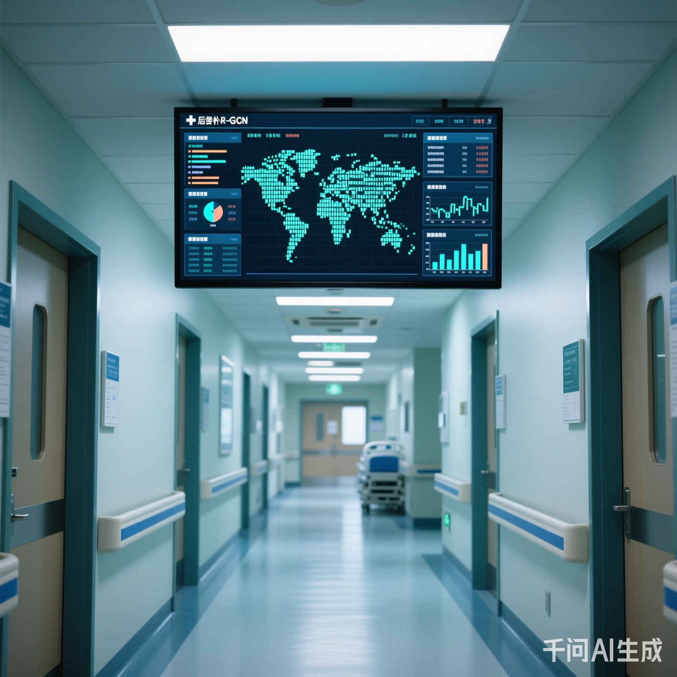 医院走廊里的电子屏幕显示着乱码的健康数据