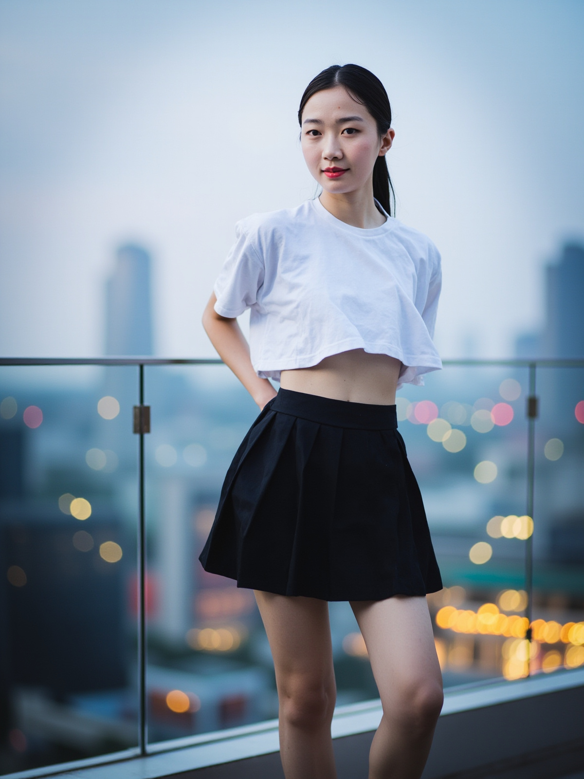 酒店顶层露台穿成年学院风短百褶裙沿栏板行走的成年女性