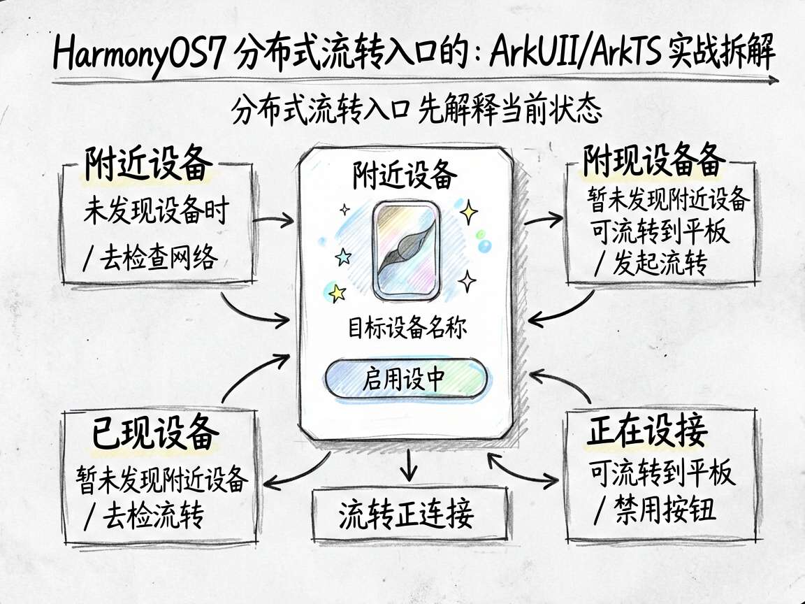 为文章《HarmonyOS7 分布式流转入口的 UI 提示：ArkUI/ArkTS 实战拆解》绘制一
