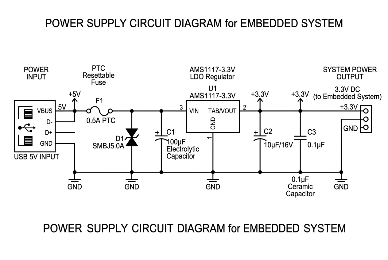 电源电路设计:USB 5V → AMS1117-3.3V LDO