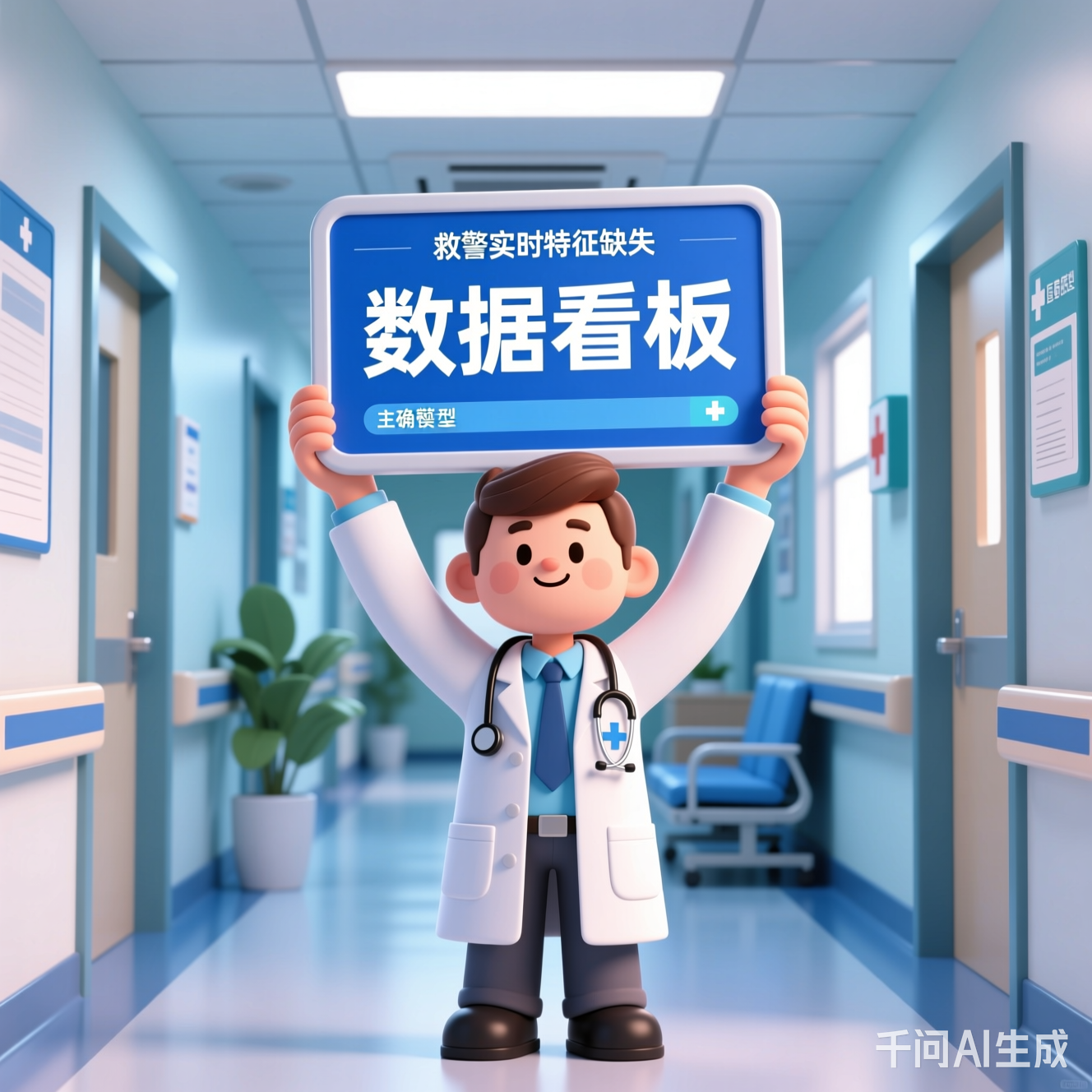 医院走廊里举着"数据看板"的卡通医生