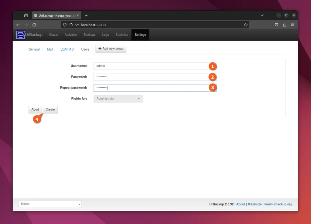 creating new admin user in urbackup