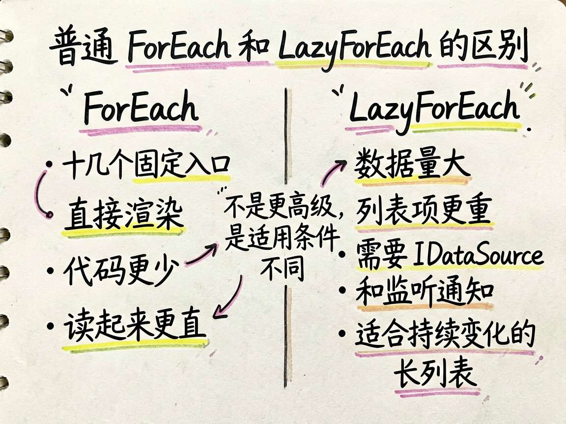 一张手绘对比笔记图,主题是“普通 ForEach 和 LazyForEach 的区别”。用左右双栏对