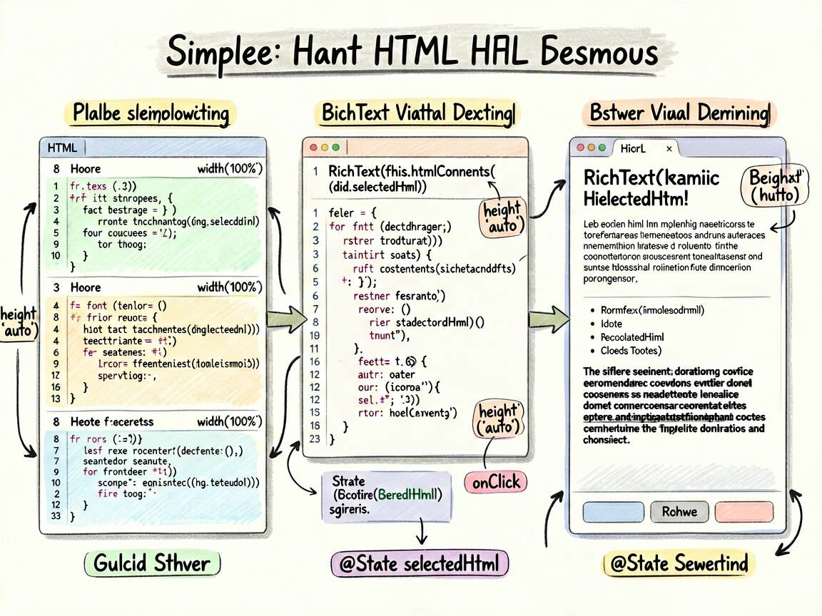 手绘笔记风信息图，主题是 RichText 代码实现要点。画面分成三块：左侧是 HTML 内容数组，