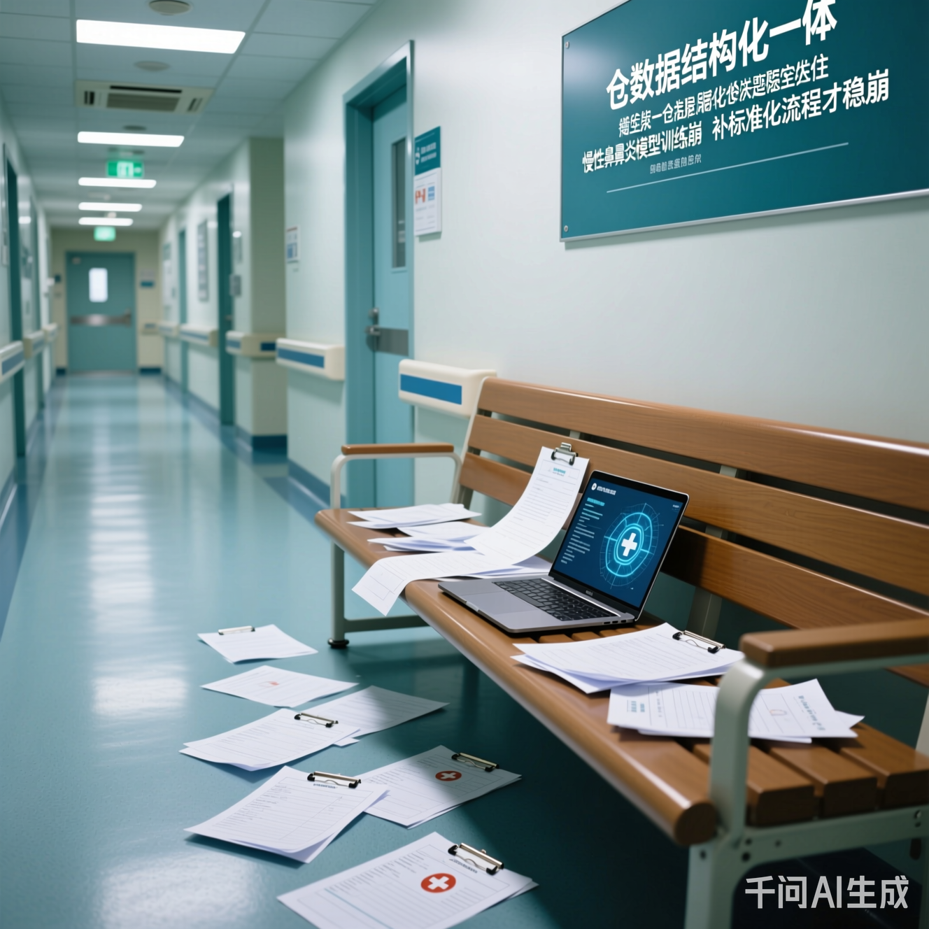 医院走廊长椅上散落的纸质病历和笔记本电脑