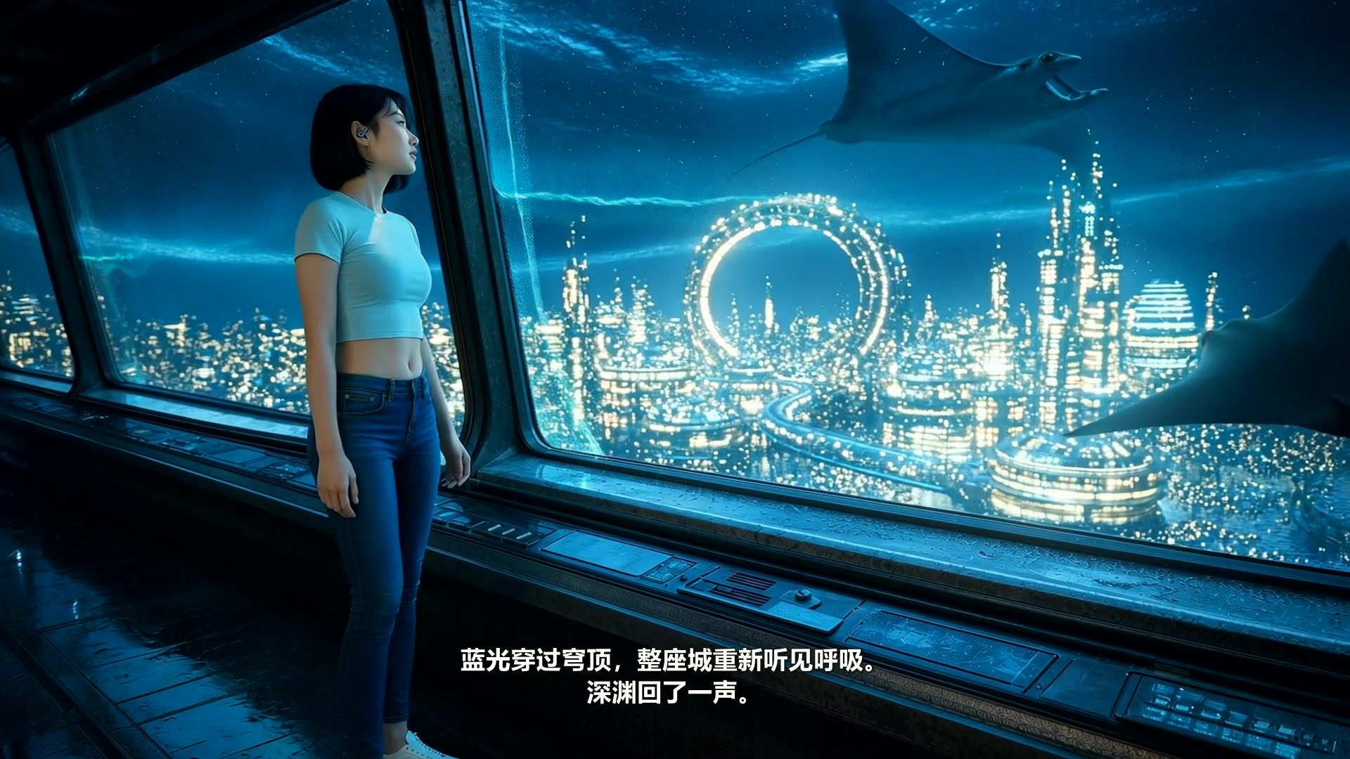 深海城市沿青色光波逐层复亮的电影画面