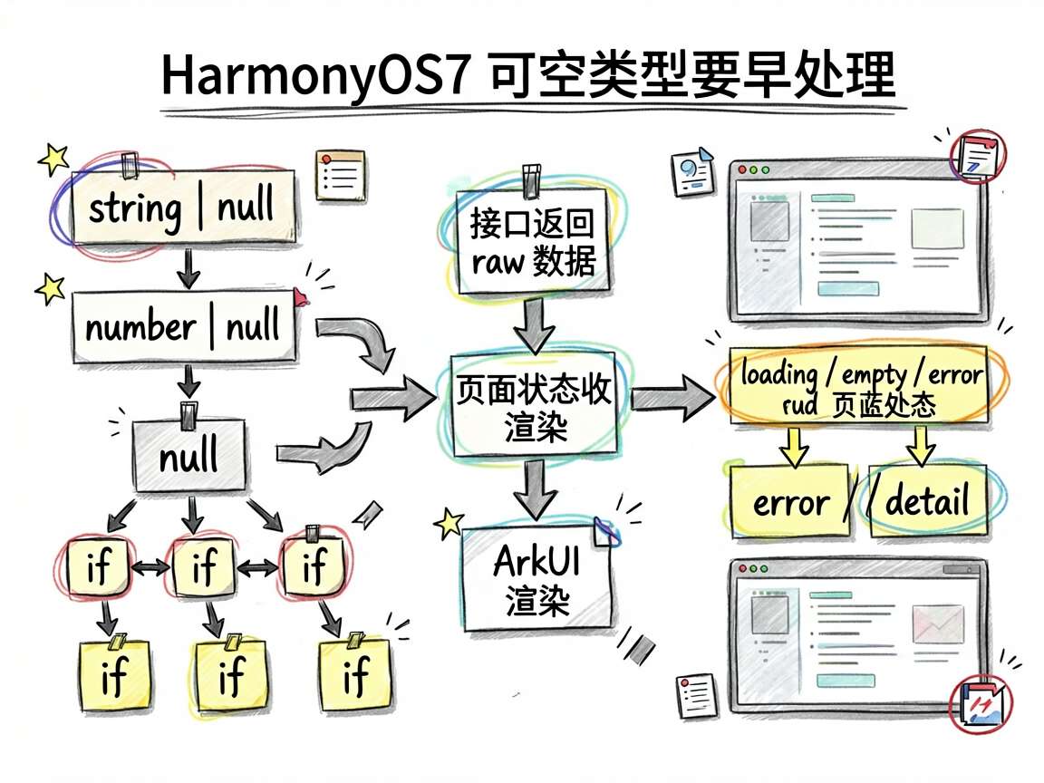一张适合中文技术文章的手绘笔记风信息图,主题是“HarmonyOS7 可空类型要早处理”。画面中心用