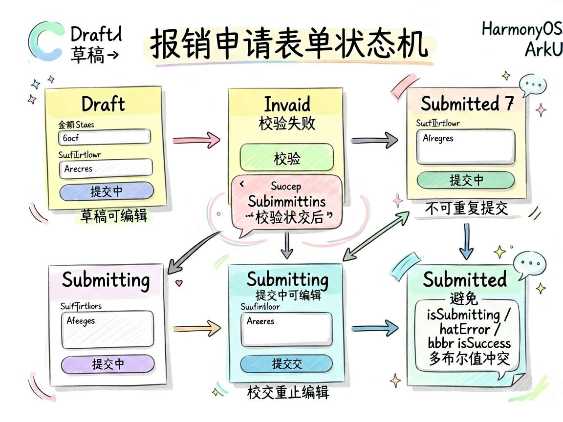 为一篇讲解 HarmonyOS 7 中 ArkUI/ArkTS 复杂表单状态机管理的技术文章绘制一张