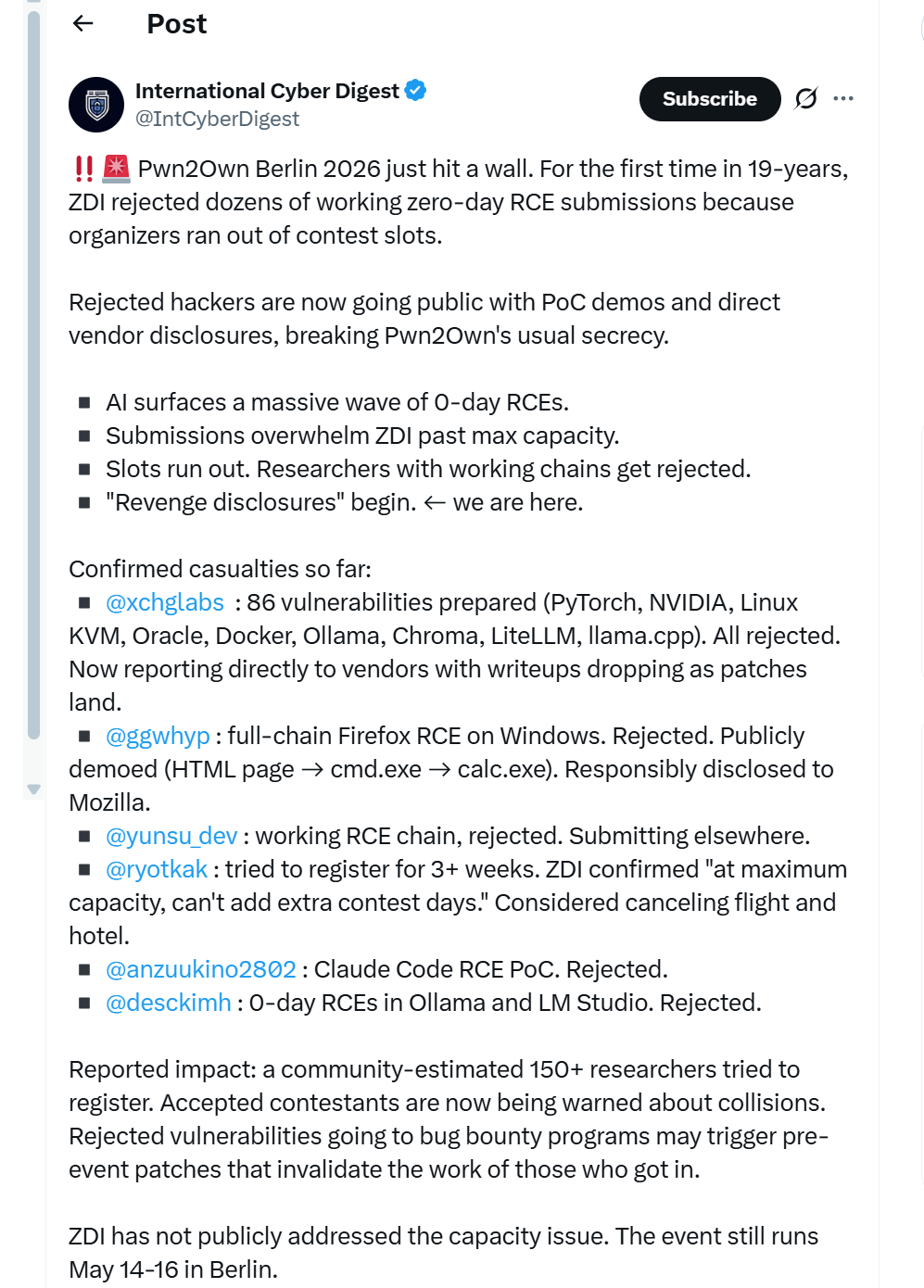Pwn2Own Berlin 2026 Hits Capacity as Rejected Hackers Release 0-Days