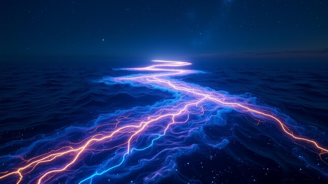 A vast dark ocean surface at night, with multiple 