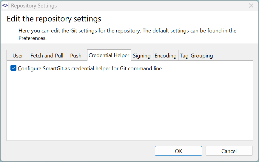 SmartGit 25.1 凭据助手配置（位于 Git 命令行集成首选项中）