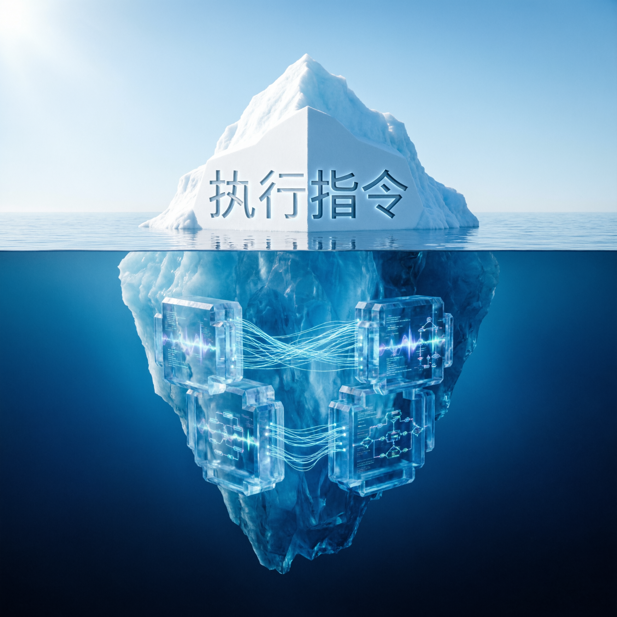 水上是执行指令等浅层工具，水下是庞大复杂的认知引擎，冰山模型