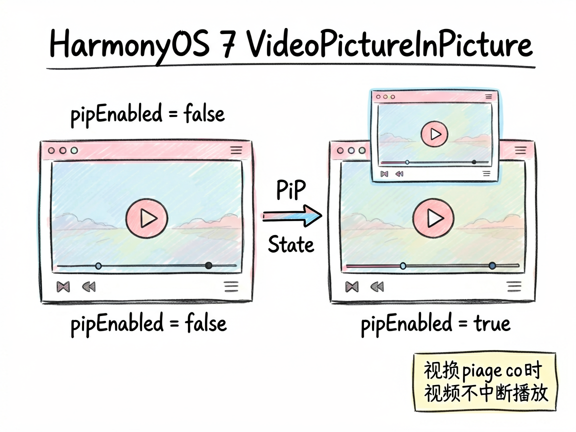 一张手绘笔记风格的框架示意图,主题是 HarmonyOS 7 VideoPictureInPictu