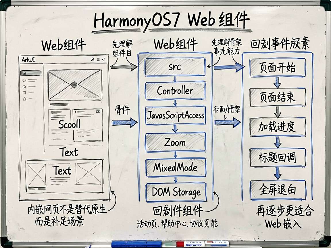 为一篇关于 HarmonyOS7 Web 组件的技术教程绘制一张手绘蓝图式框架图,表现 Web 组件