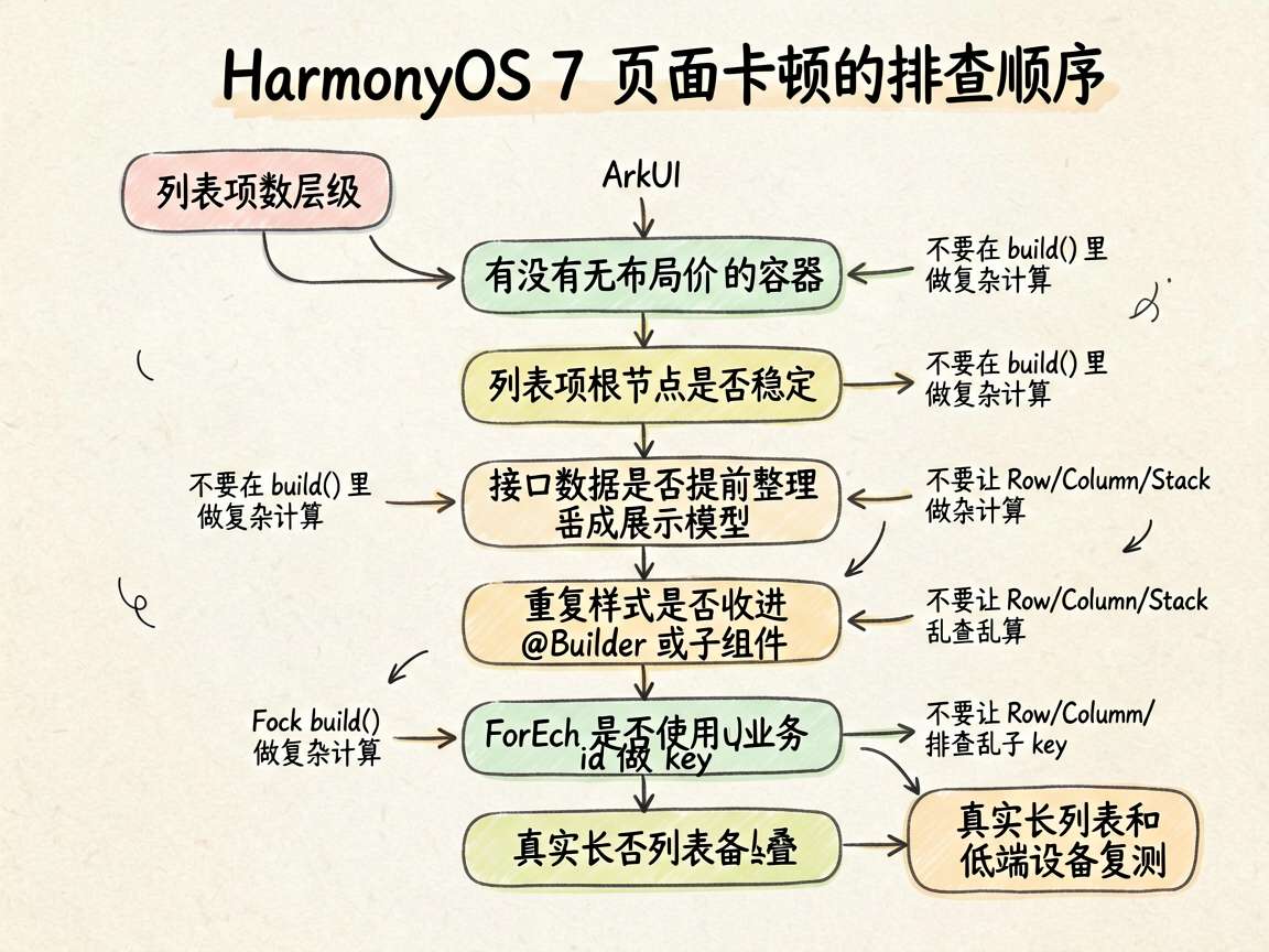 一张手绘笔记风流程图,内容是 HarmonyOS 7 页面卡顿的排查顺序。流程从“列表项数层级”开始