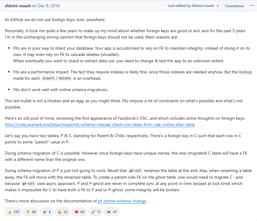 GitHub gh-ost Issue #331 — GitHub 工程师明确表示不使用外键