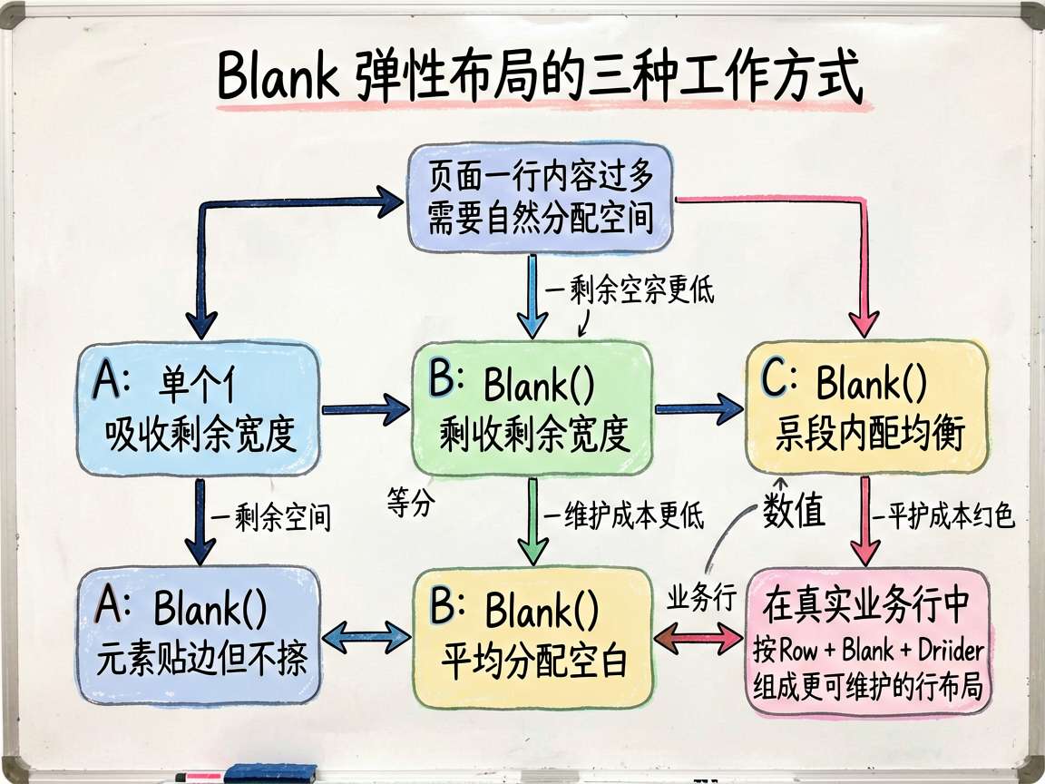 为文章中的“这份案例在演示什么”部分绘制一张手绘流程图,主题是“Blank 弹性布局的三种工作方式”
