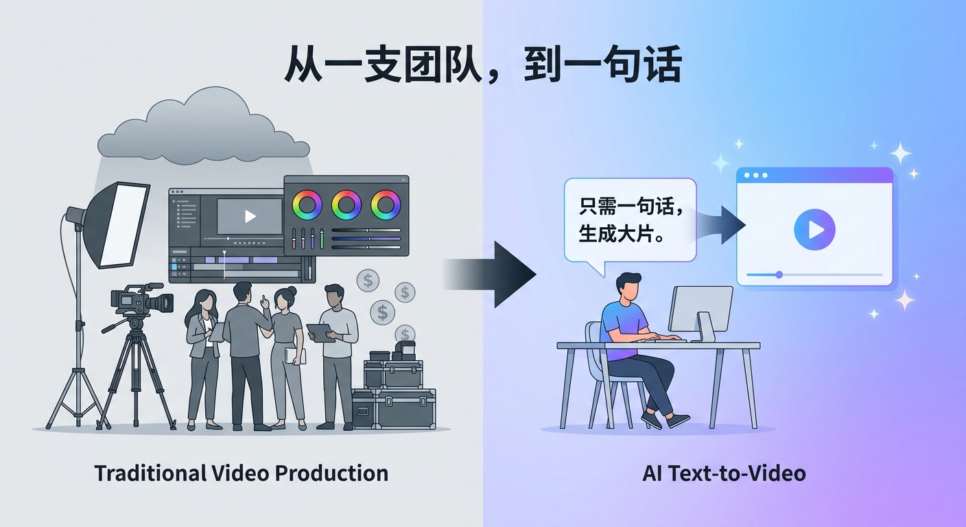 从一支团队到一句话：传统视频制作 vs AI 一句话生成
