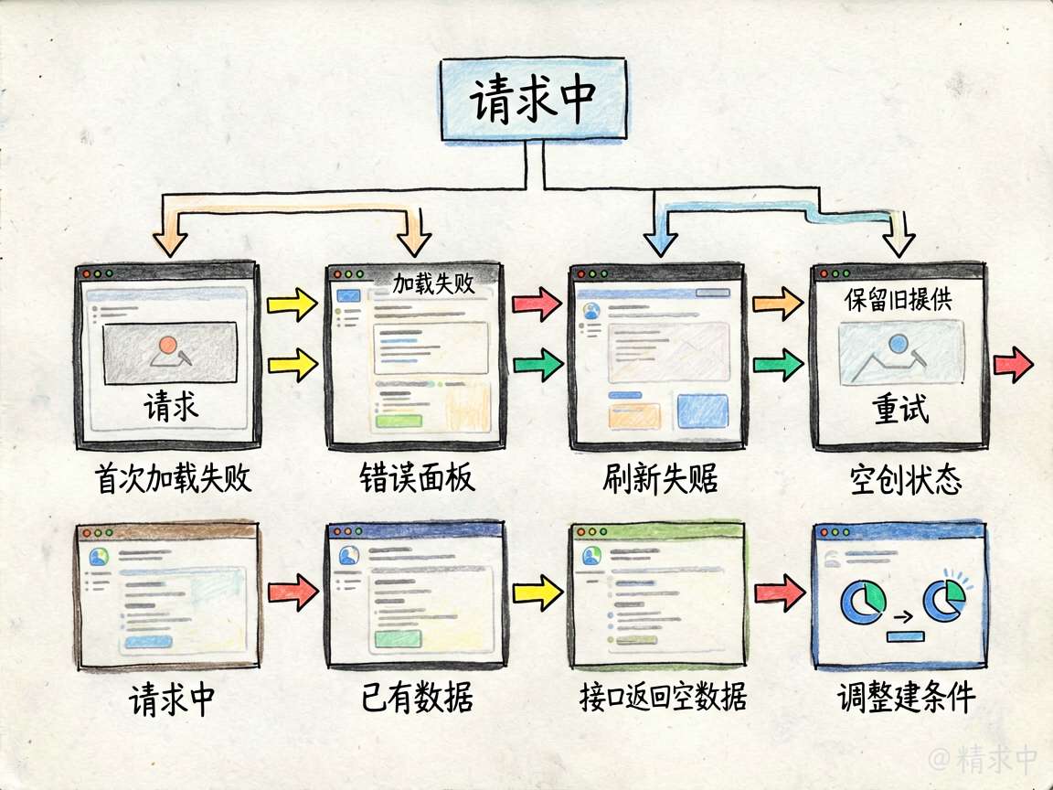 一张手绘笔记风流程图,展示网络请求失败后的页面状态分层。流程从“请求中”开始,分支到“首次加载失败”