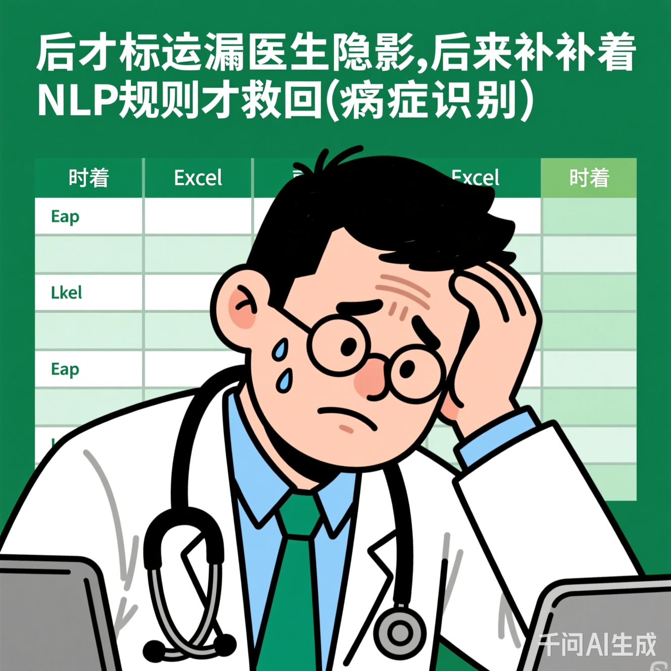 医生对着Excel表格抓耳挠腮的漫画