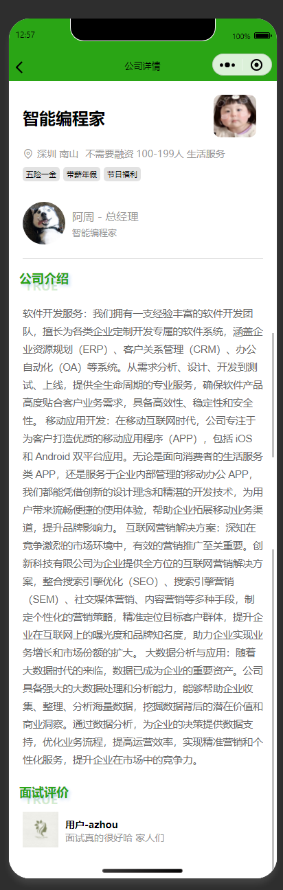 公司详情页：展示招聘企业的详细信息和用户面试评价