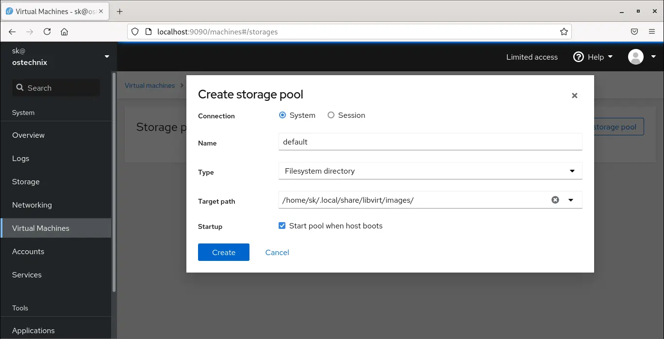Create new KVM Libvirt storage pool in Cockpit