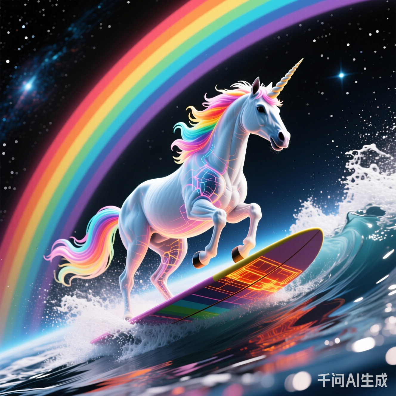 AI生成的抽象艺术作品：彩虹独角兽在太空冲浪