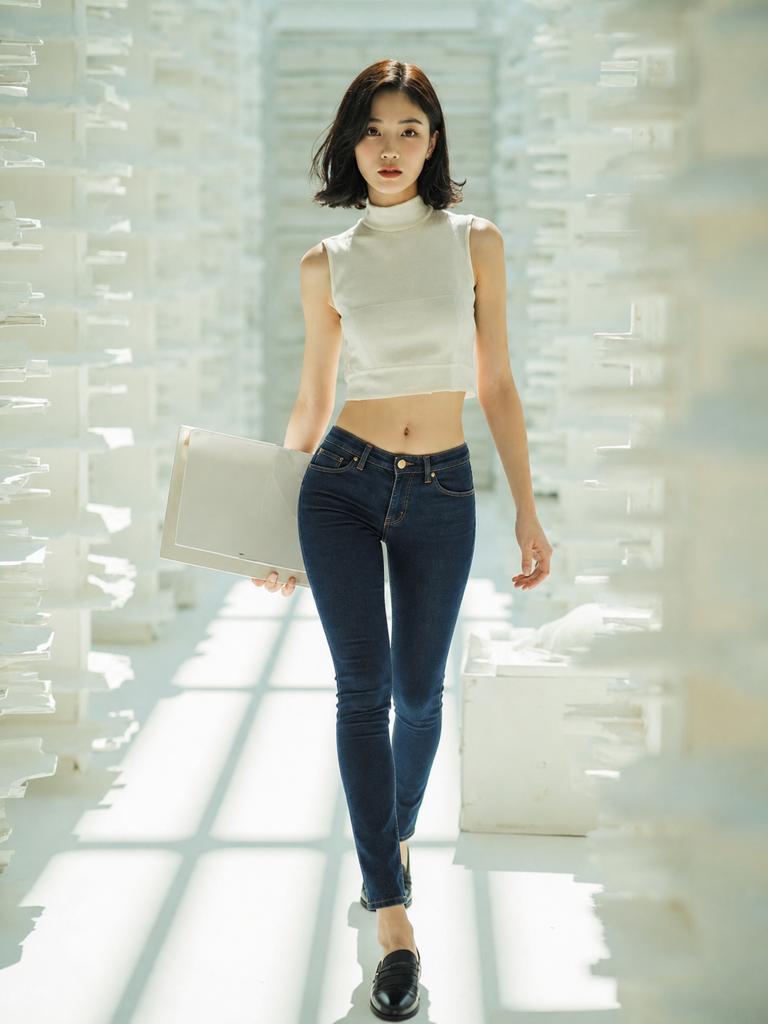 发光纸页档案馆中穿贴身蓝色牛仔裤的漂亮亚洲成年女性