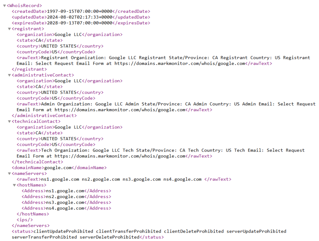 Data for a domain received over RDAP