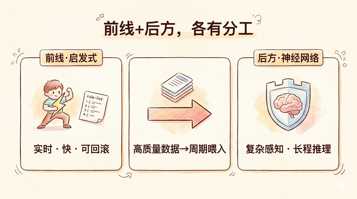 两套系统分工:前线启发式 + 后方神经网络