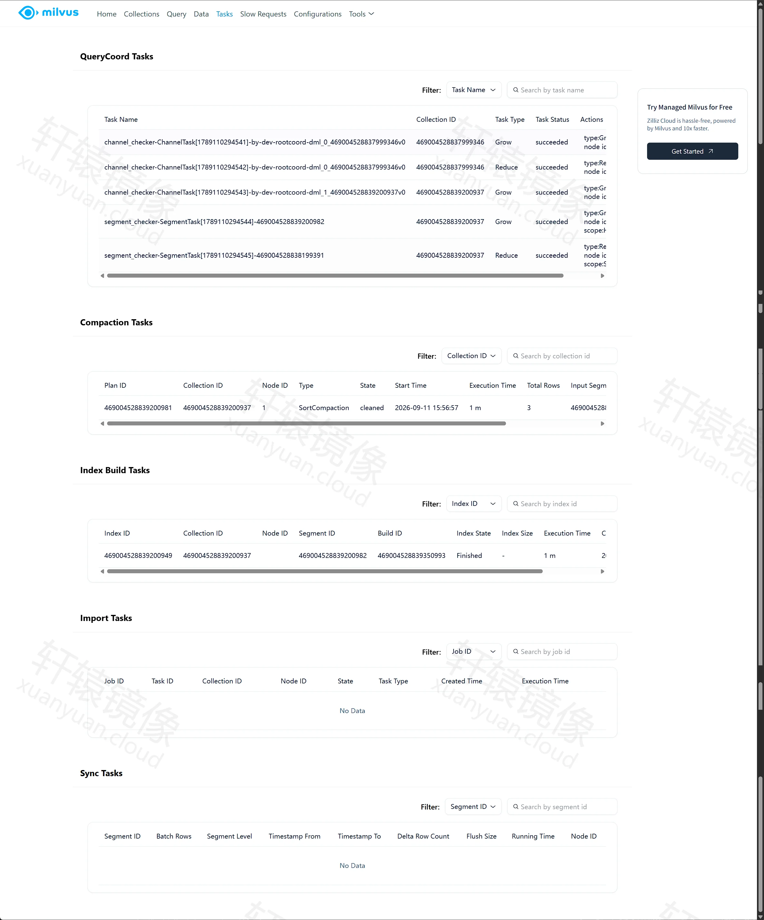 Milvus WebUI Tasks：QueryCoord、Compaction、Index Build 任务成功或已完成