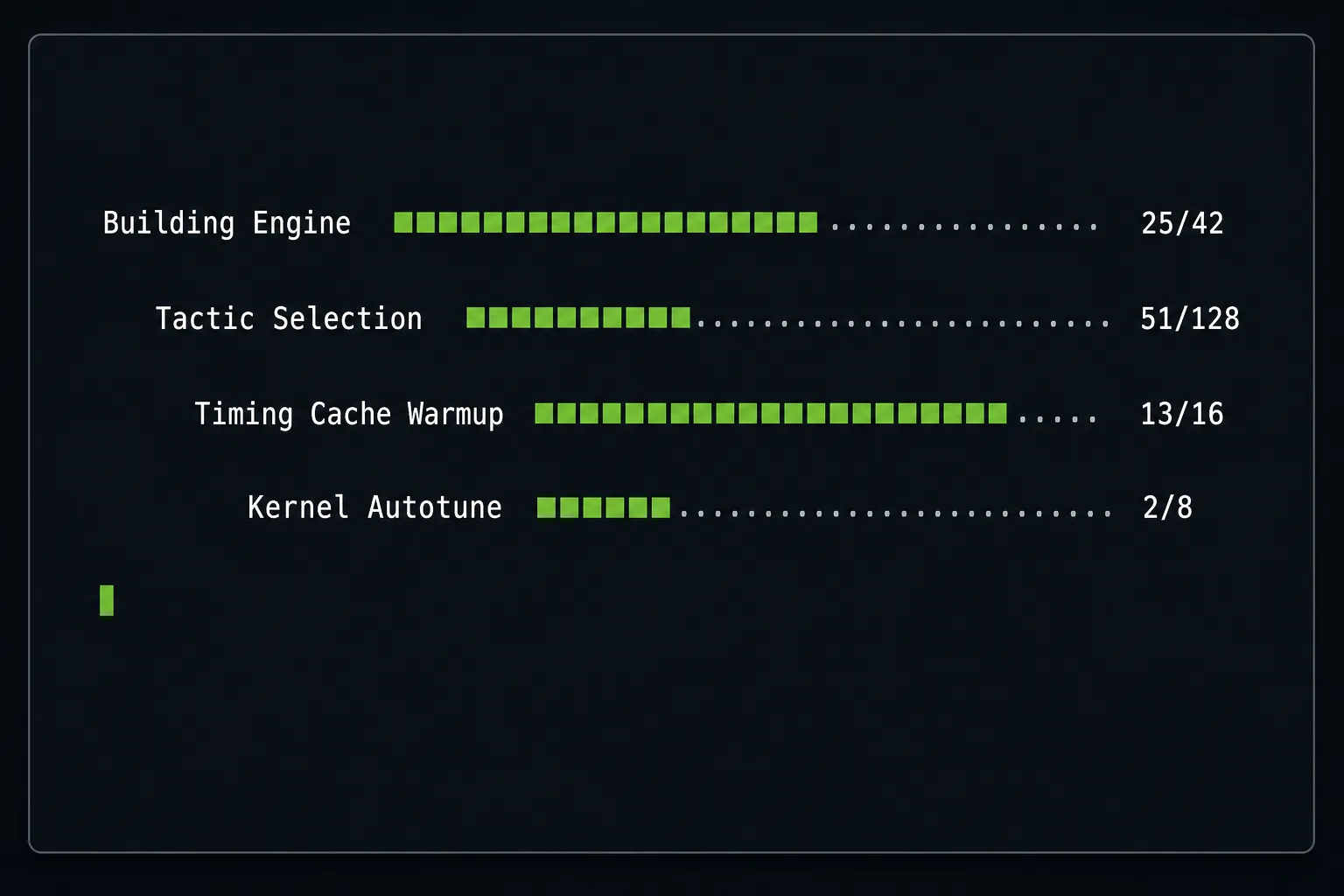 Dark terminal showing four nested ASCII progress bars in NVIDIA green, labeled "Building Engine," "Tactic Selection," "Timing Cache Warmup," and "Kernel Autotune." Each row is indented to indicate nesting under its parent phase.